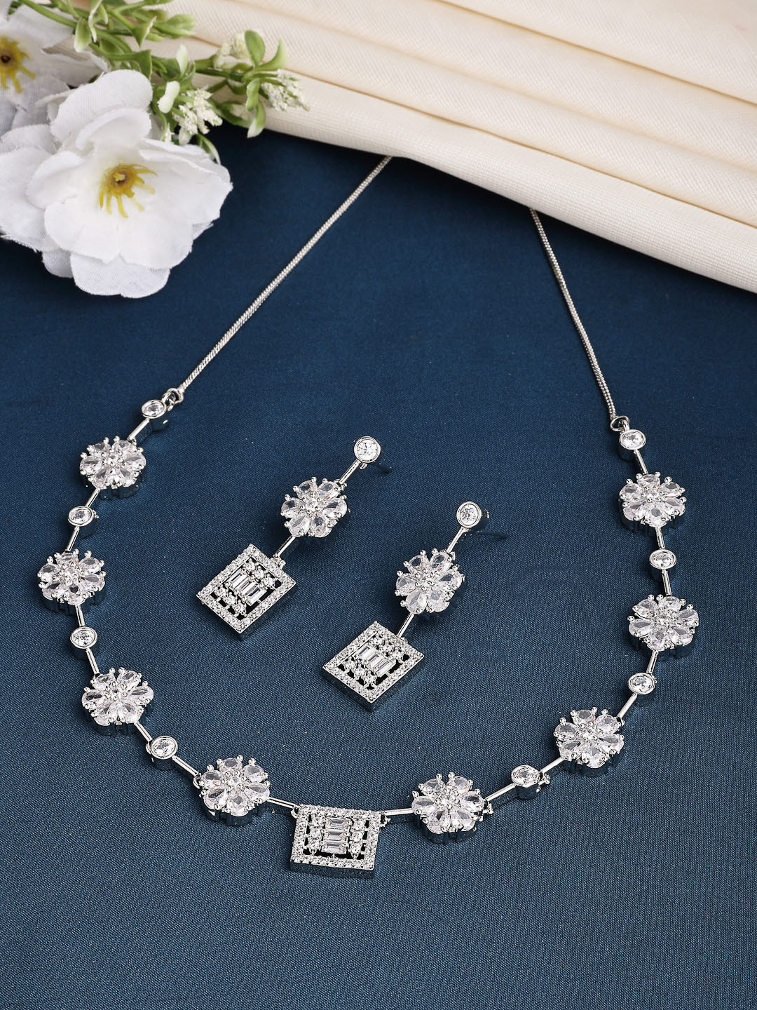 ZENEME Rhodium-Plated Luxury Square Shape AD Necklace With Earring