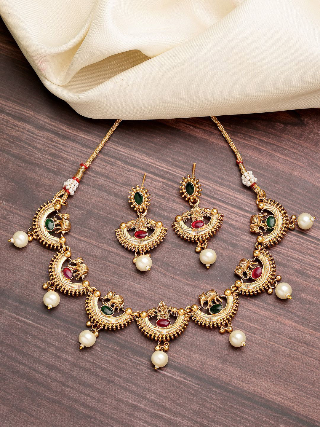 ZENEME Gold-Plated Pearl Choker Bridal Temple Necklace Set