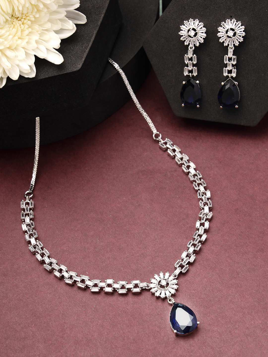 ZENEME Rhodium-Plated American Diamond Studded Blue Necklace & Earring Jewellery Set