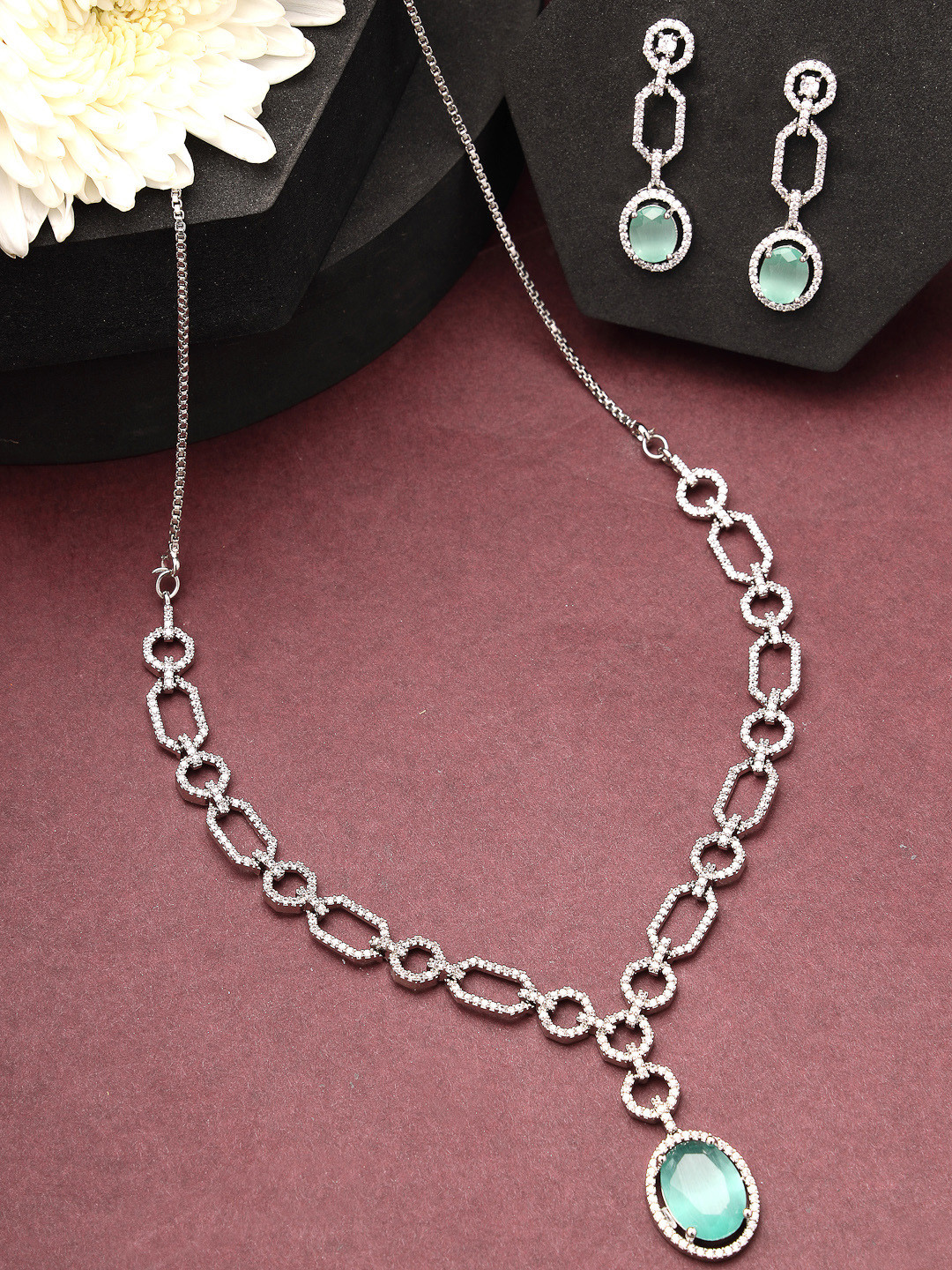 ZENEME Rhodium-Plated American Diamond Contemporary Detailing Necklace & Earring Set