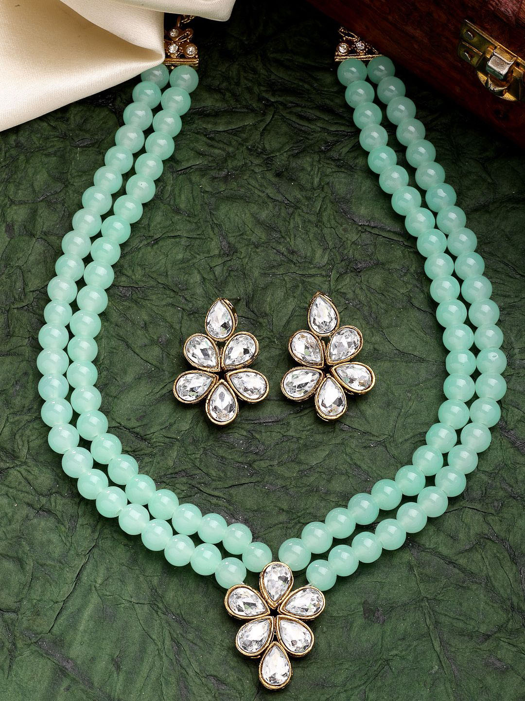 ZENEME 18K Gold Plated Traditional Kundan Pearl Studded Necklace Jewellery Set