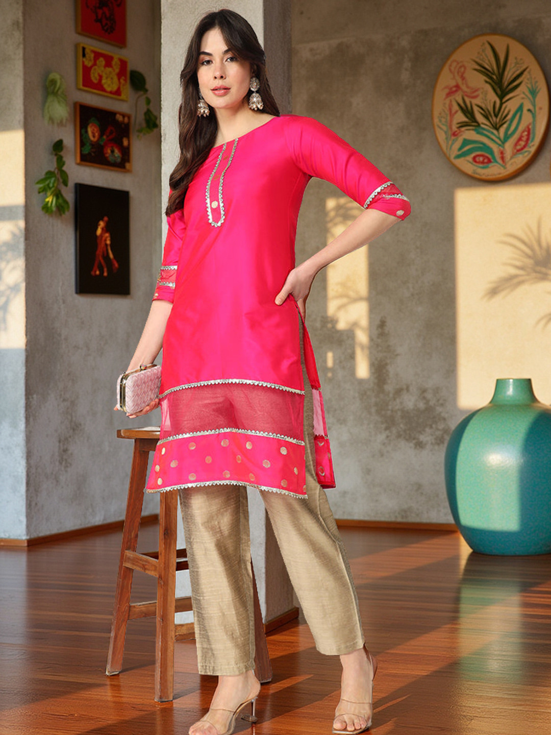 Pannkh Round Neck Three-Quarter Sleeves Regular Gotta Patti Machine Weave Straight Kurta