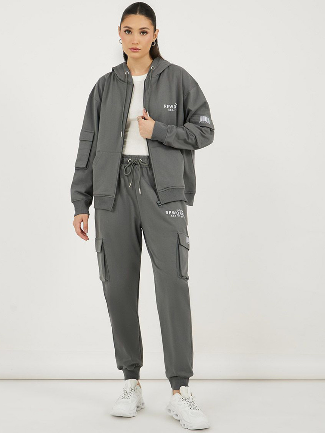 Styli Women Printed Front Zip Hoodie & Cuffed Joggers Co-Ords