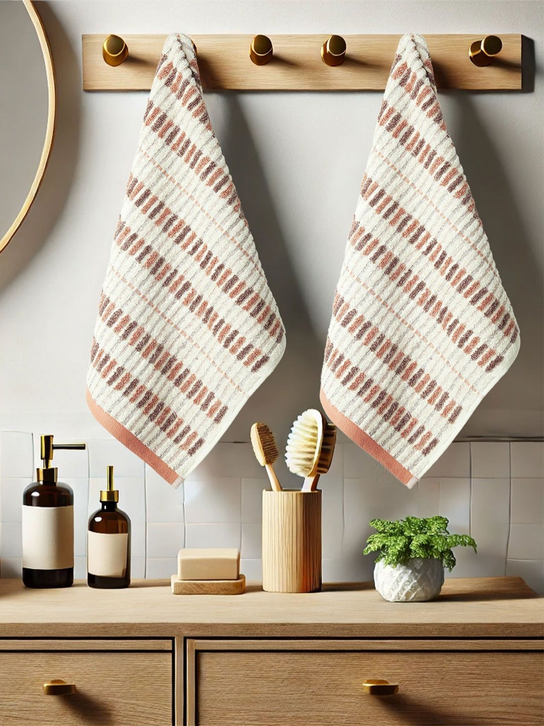 MYTRIDENT FOSSIL Beige & Brown 2 Pieces Printed Pure Cotton 600 GSM Hand Towels