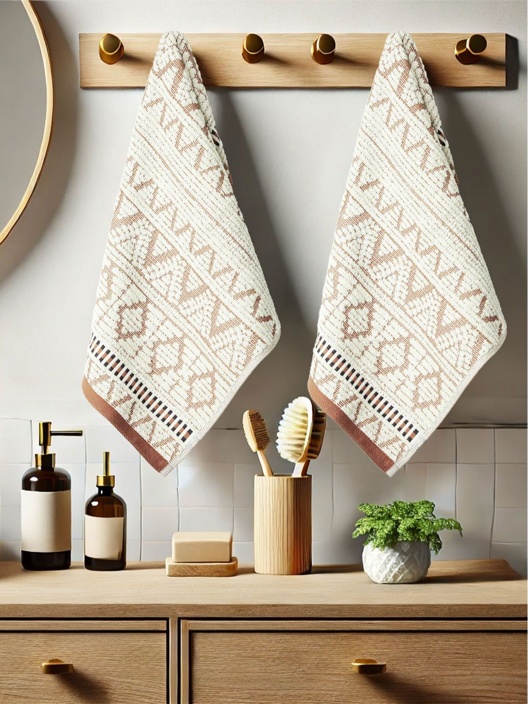 MYTRIDENT PEBBLE Beige & Brown 2 Pieces Printed Pure Cotton 600 GSM Hand Towels