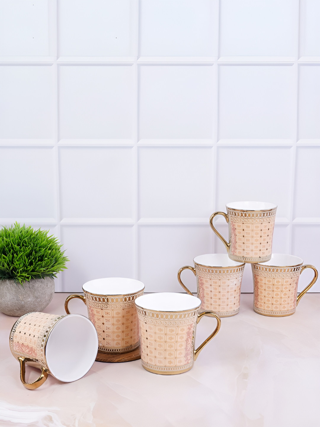 UPC Amber Pear Gold Floral Ceramic Microwave Safe 6 Piece Cups-180ml