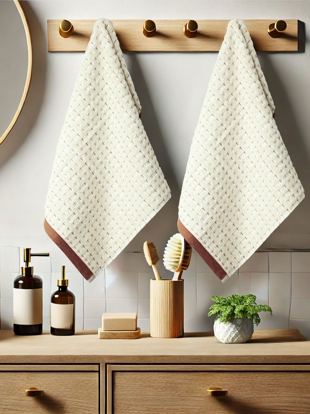 MYTRIDENT ODYSSEY Beige & Brown 2 Pieces Striped Pure Cotton 600 GSM Hand Towels