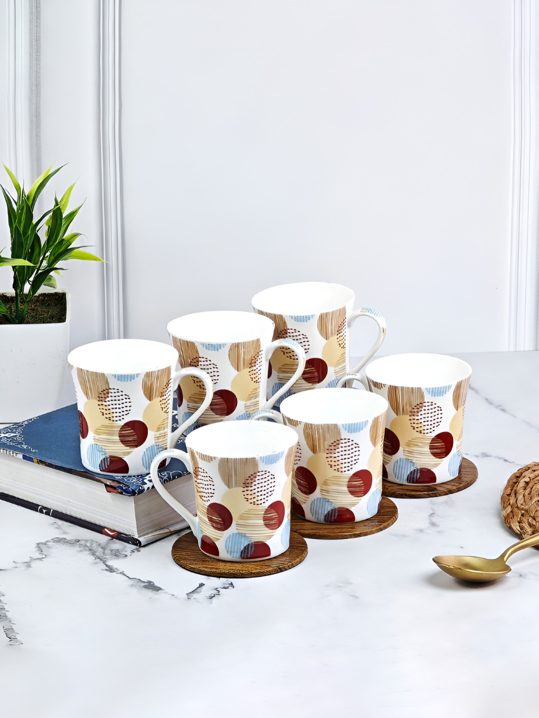 UPC Brown Geometric Ceramic Microwave Safe 6 Piece Cups-185ml
