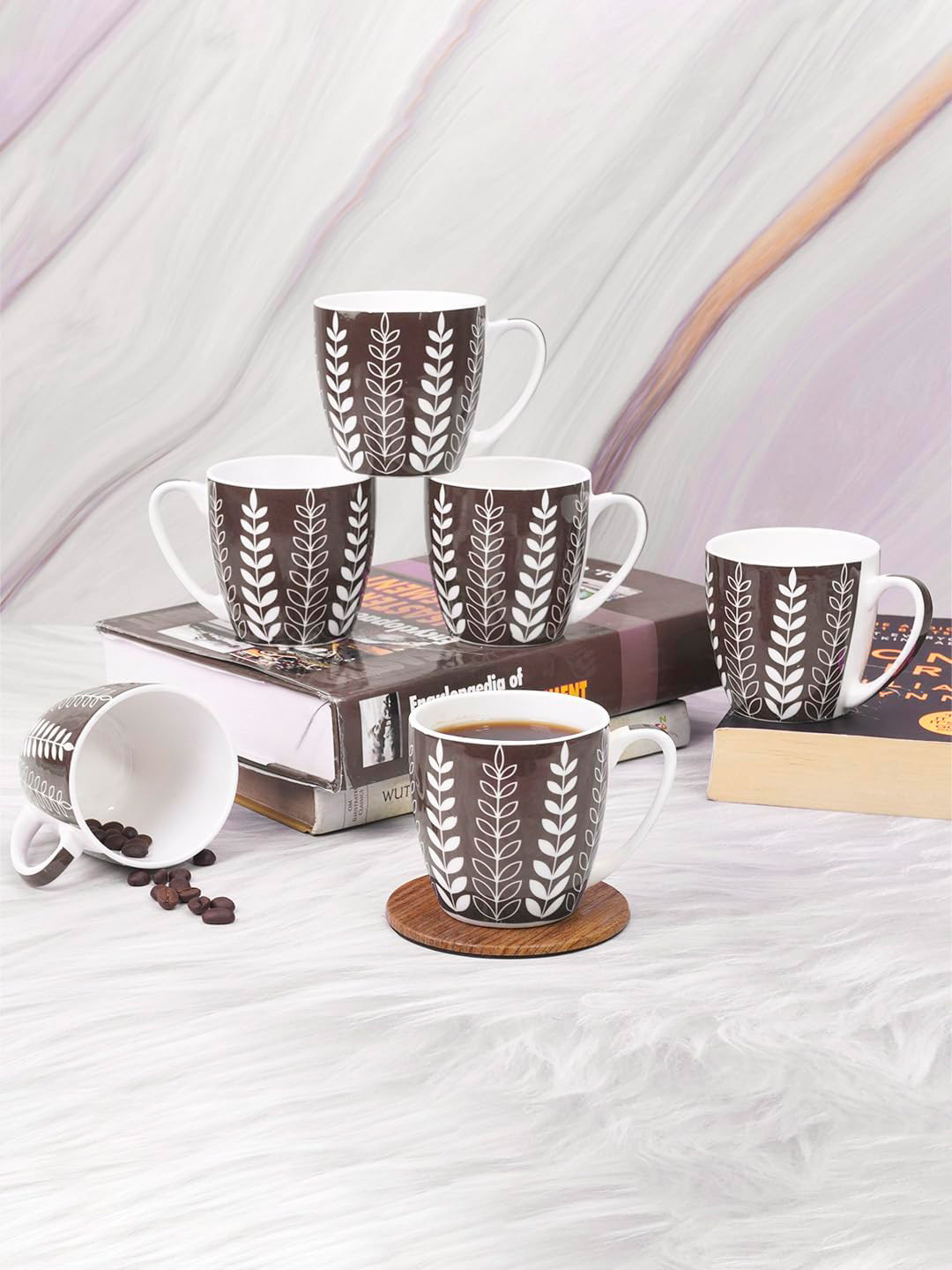 UPC Brown Leaf Ceramic Microwave Safe 6 Piece Cup-150ml