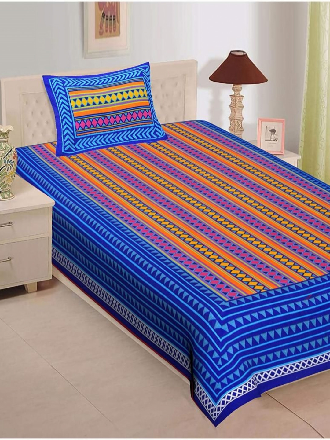 UNIQCHOICE Blue Geometric Pure Cotton 120 TC Single Bedsheet with a Pillow Cover-225 x 150 cm