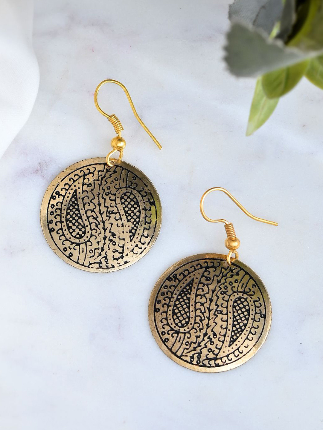 Silvermerc Designs Gold-Plated Bohemian Paisley Patterned Round Drop Earrings