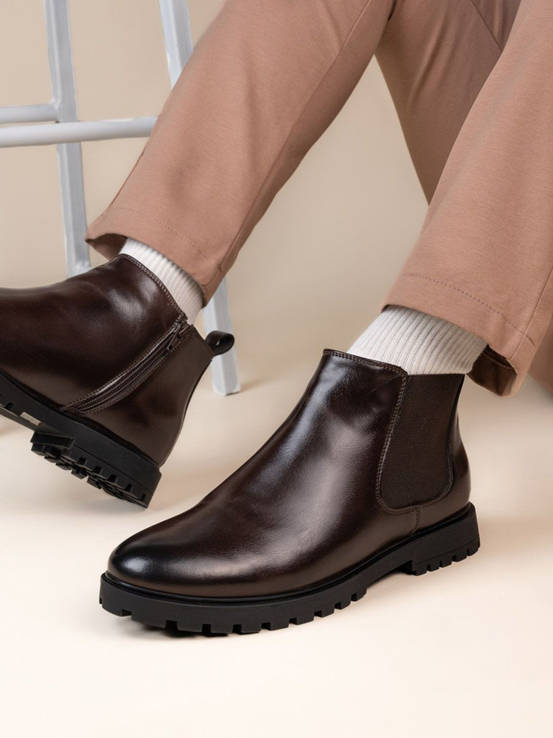 Styli Men Mid Top Faux Leather Chelsea Boots