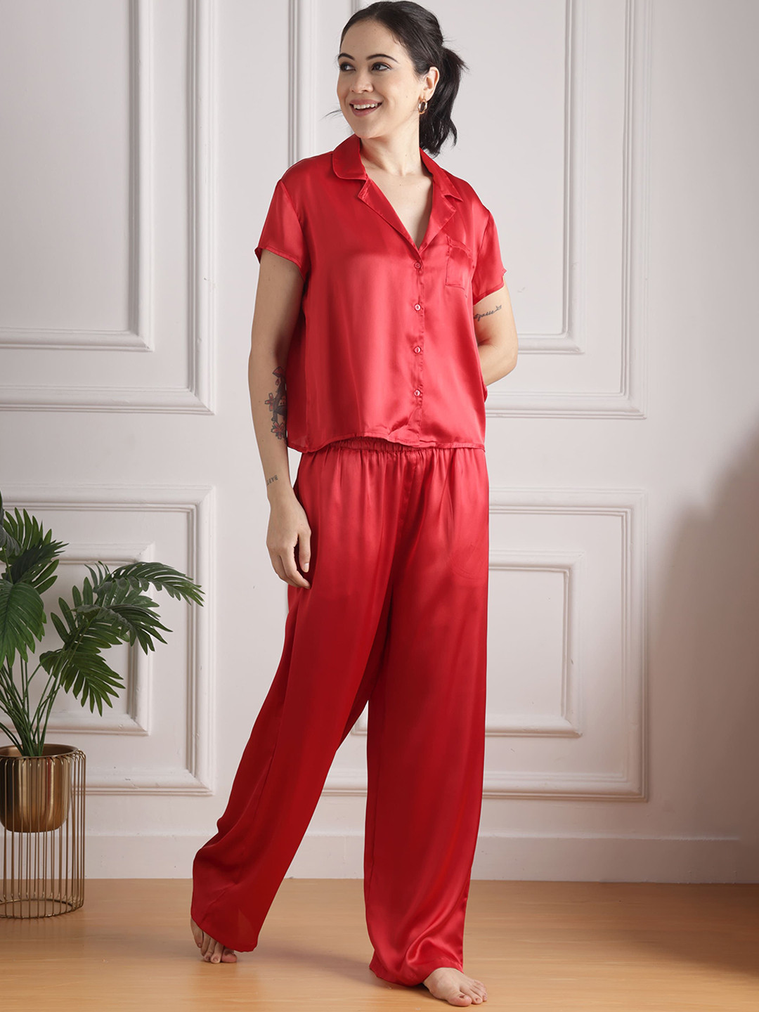 Slumber Jill Crimson Elegance Lapel Collar Shirt With Pyjama