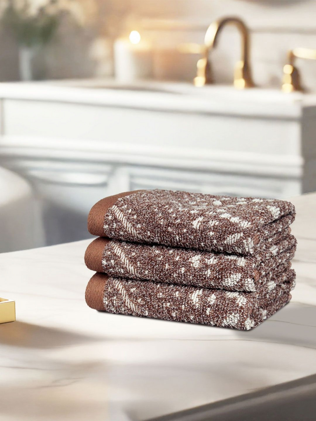 MYTRIDENT ARKIN Brown & Beige 3 Pieces Printed Pure Cotton 600 GSM Face Towels