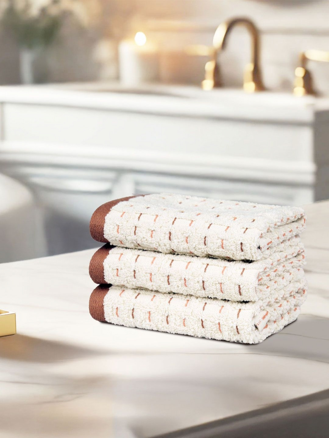MYTRIDENT ODYSSEY Beige & Brown 3 Pieces Printed Pure Cotton 600 GSM Face Towels