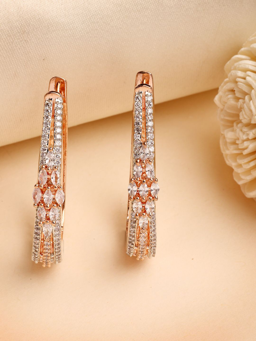 ZENEME Rose Gold-Plated American Diamond Studded Glamourous Hoop Earring