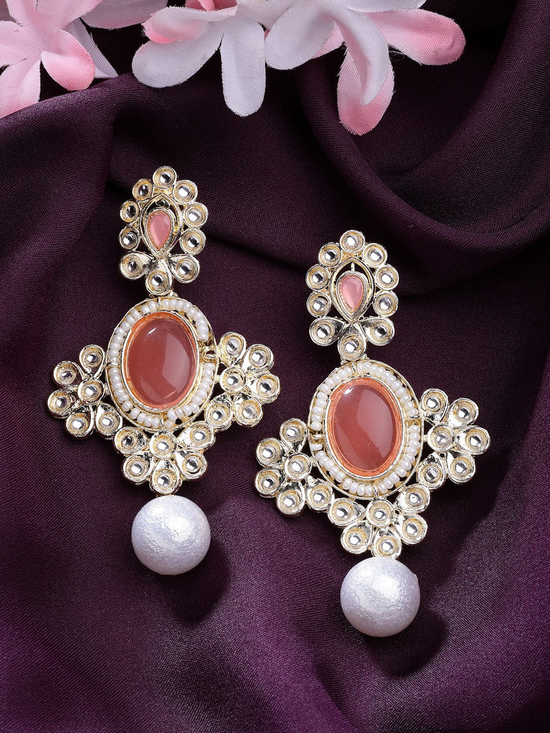 ZENEME Gold-Plated Traditional Pearl Kundan Beaded Drop Earrings