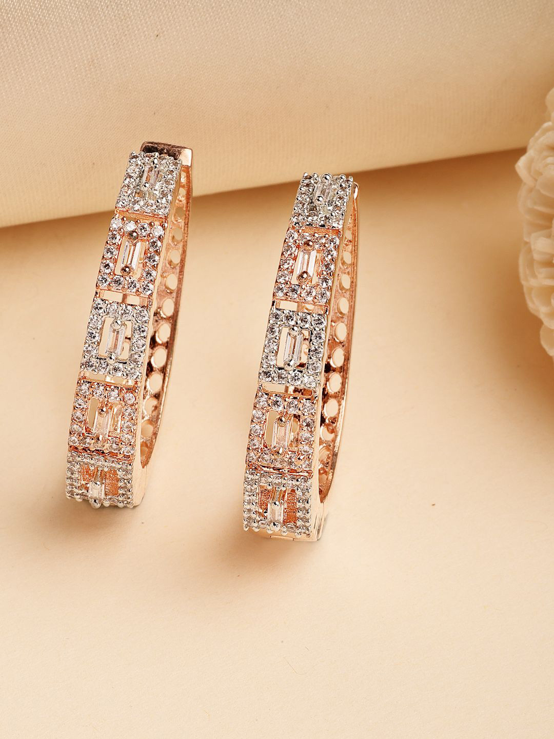 ZENEME Rose Gold-Plated American Diamond Studded Luxury Hoop Earring