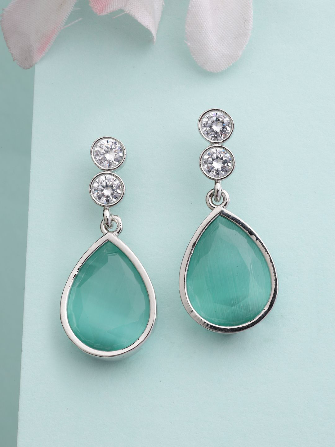 ZENEME Rhodium-Plated American Diamond Ocean Blue Crystal Studded Drop Earring