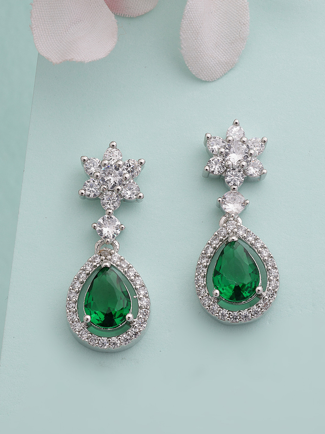 ZENEME Rhodium-Plated American Diamond Studded Royal Green Drop Earring