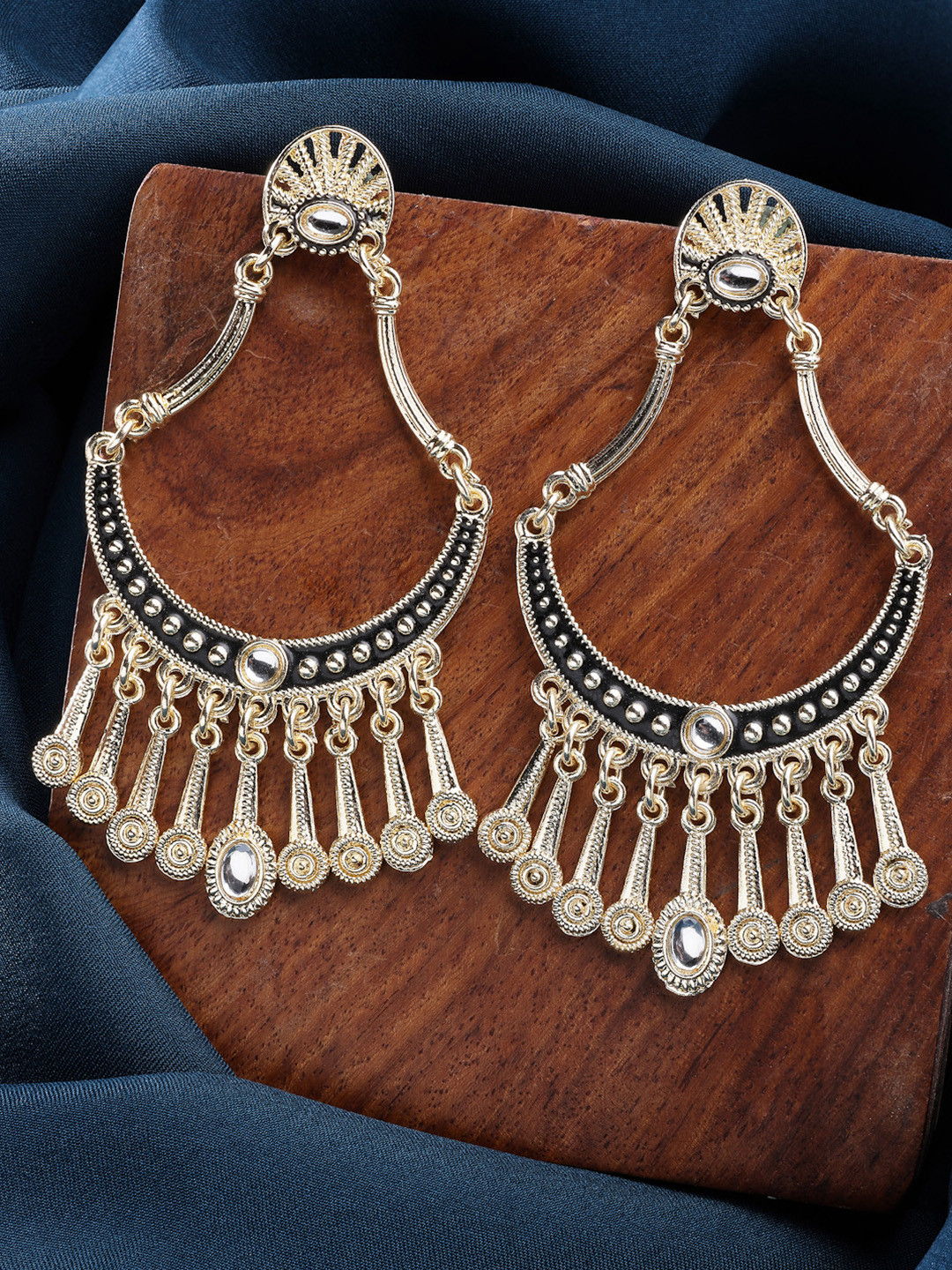 ZENEME Gold-Plated Kundan Studded Dainty Hanging Traditional Drop Earrings