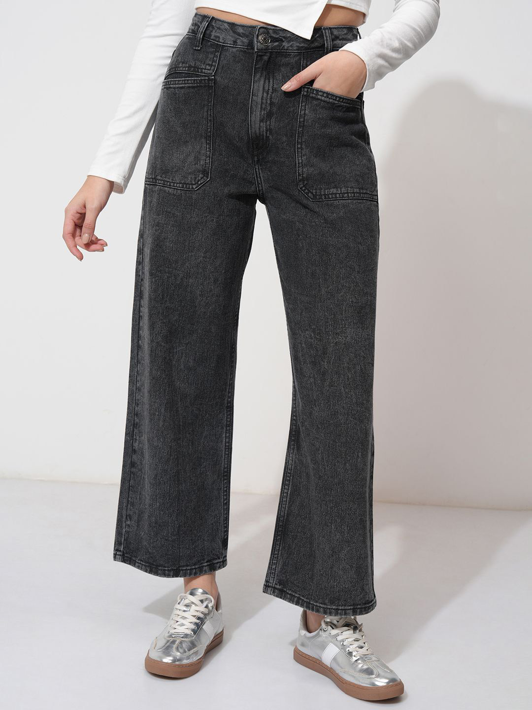 Basics By Tokyo Talkies Heavy Fade Women Wide Leg Stretchable Cropped Jeans