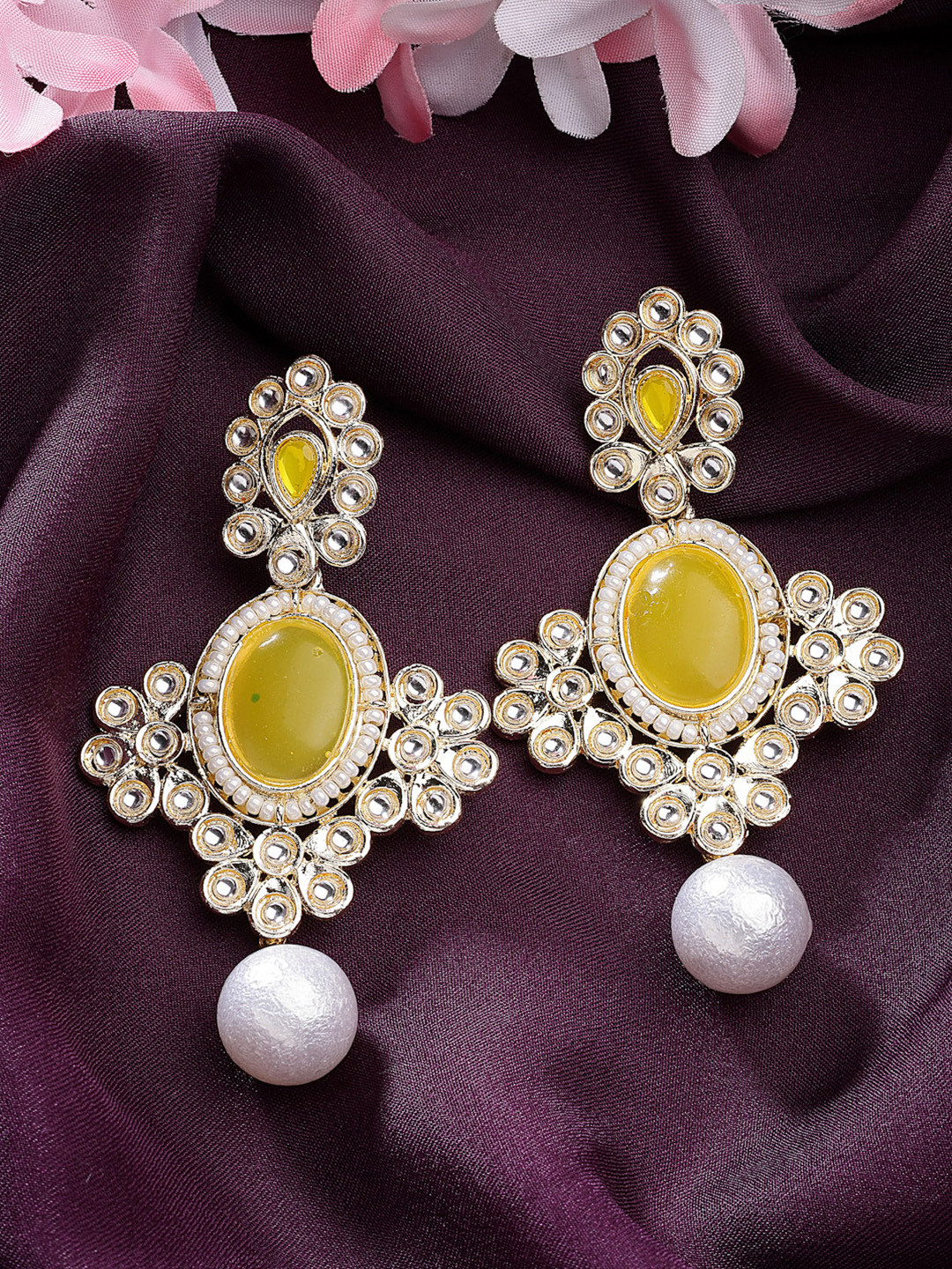 ZENEME Gold-Plated Traditional Pearl Kundan Beaded Drop Earrings