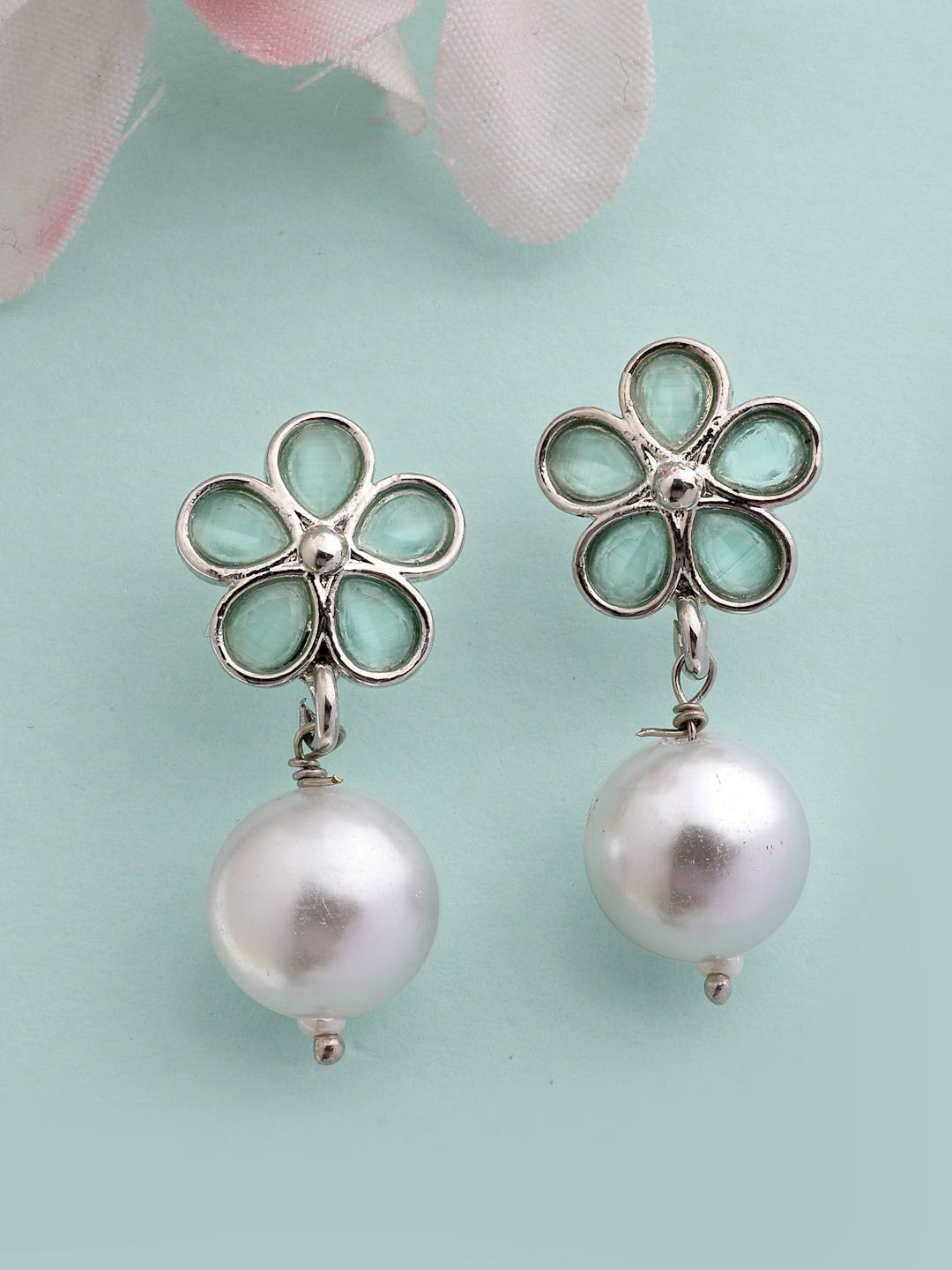 ZENEME Oxidised-Plated Ocean Green Flower & Drop Pearl Fashion Earring