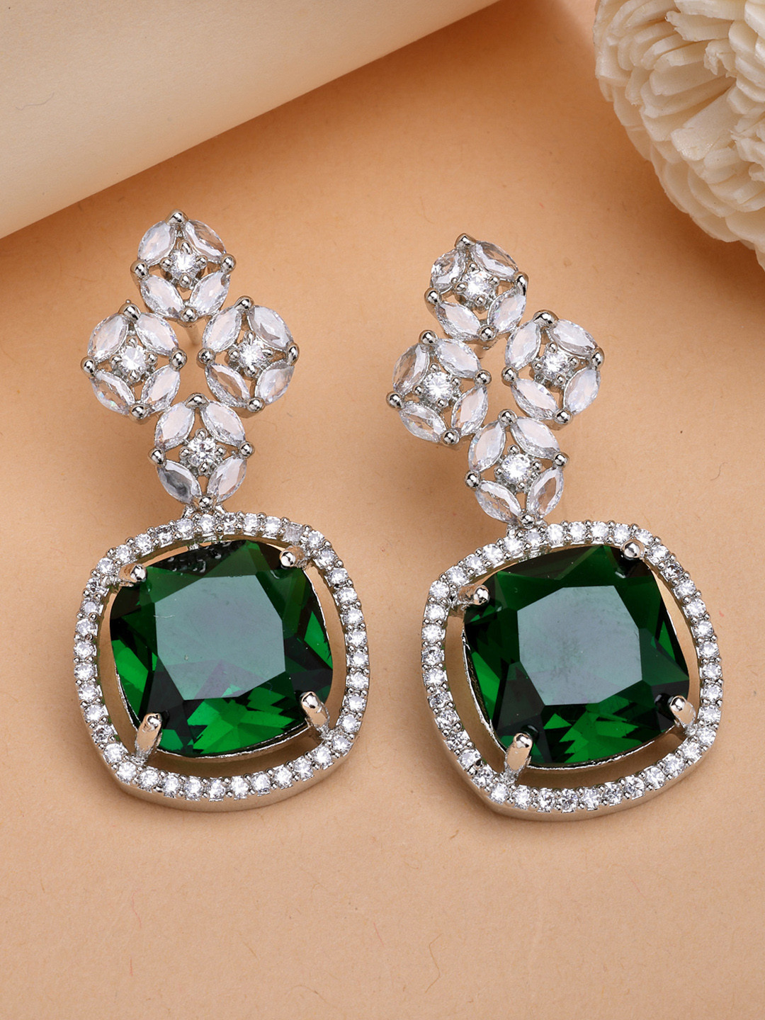 ZENEME Rhodium Plated Green American Diamond Trendy Drop Earrings