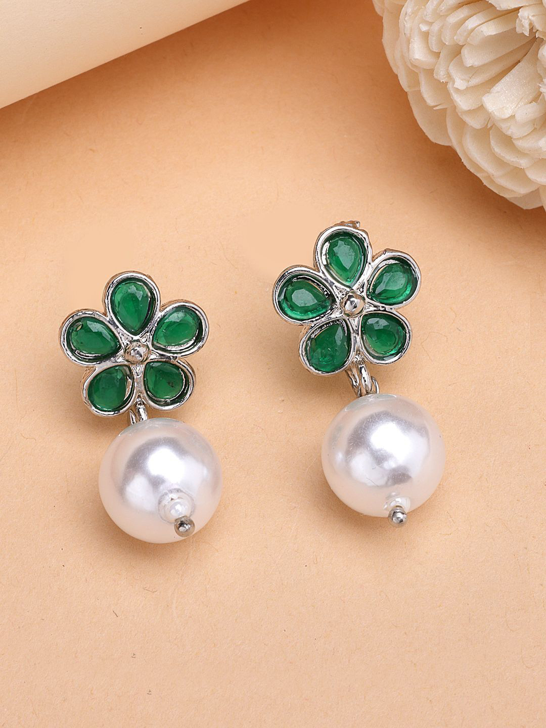 ZENEME Oxidised-Plated Green Flower & Drop Pearl Fashion Earring