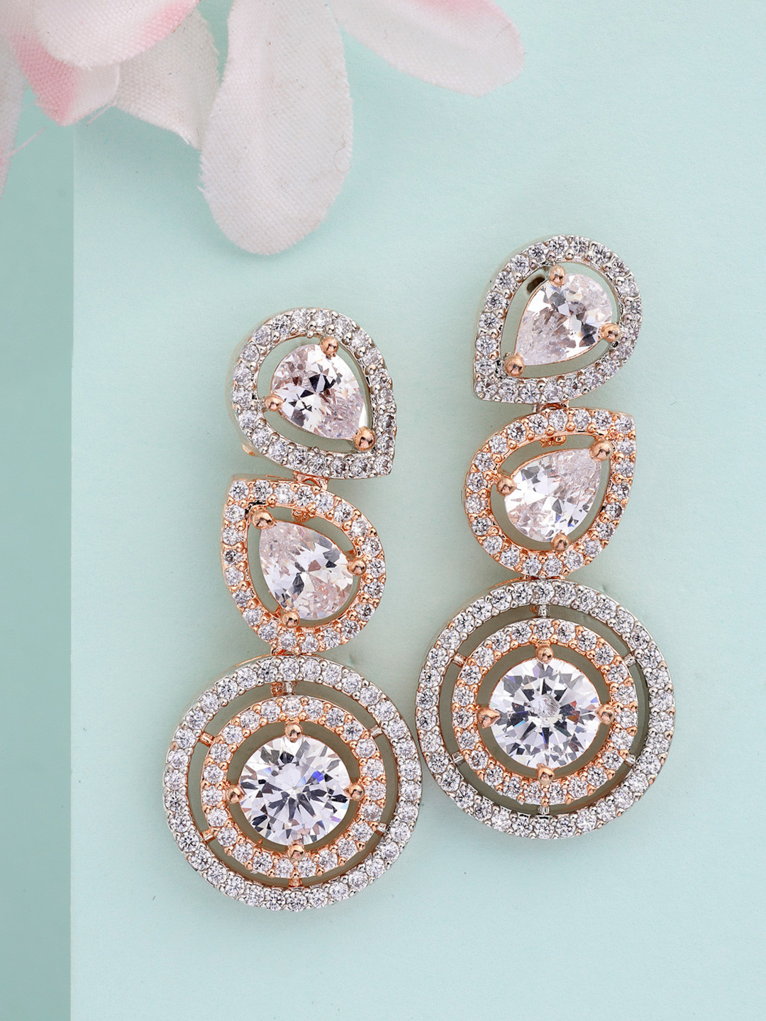 ZENEME Rose Gold-Plated Tear Drop & Round American Diamond Studded Drop Earring