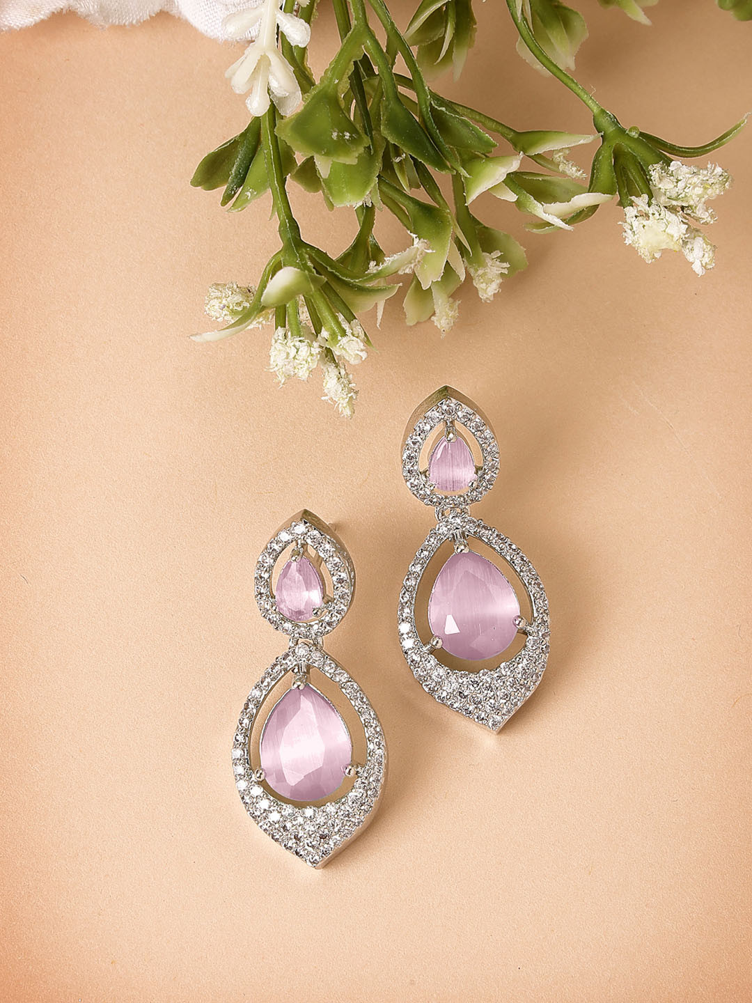 Rhodium-Plated Pink American Diamond Drop Earrings