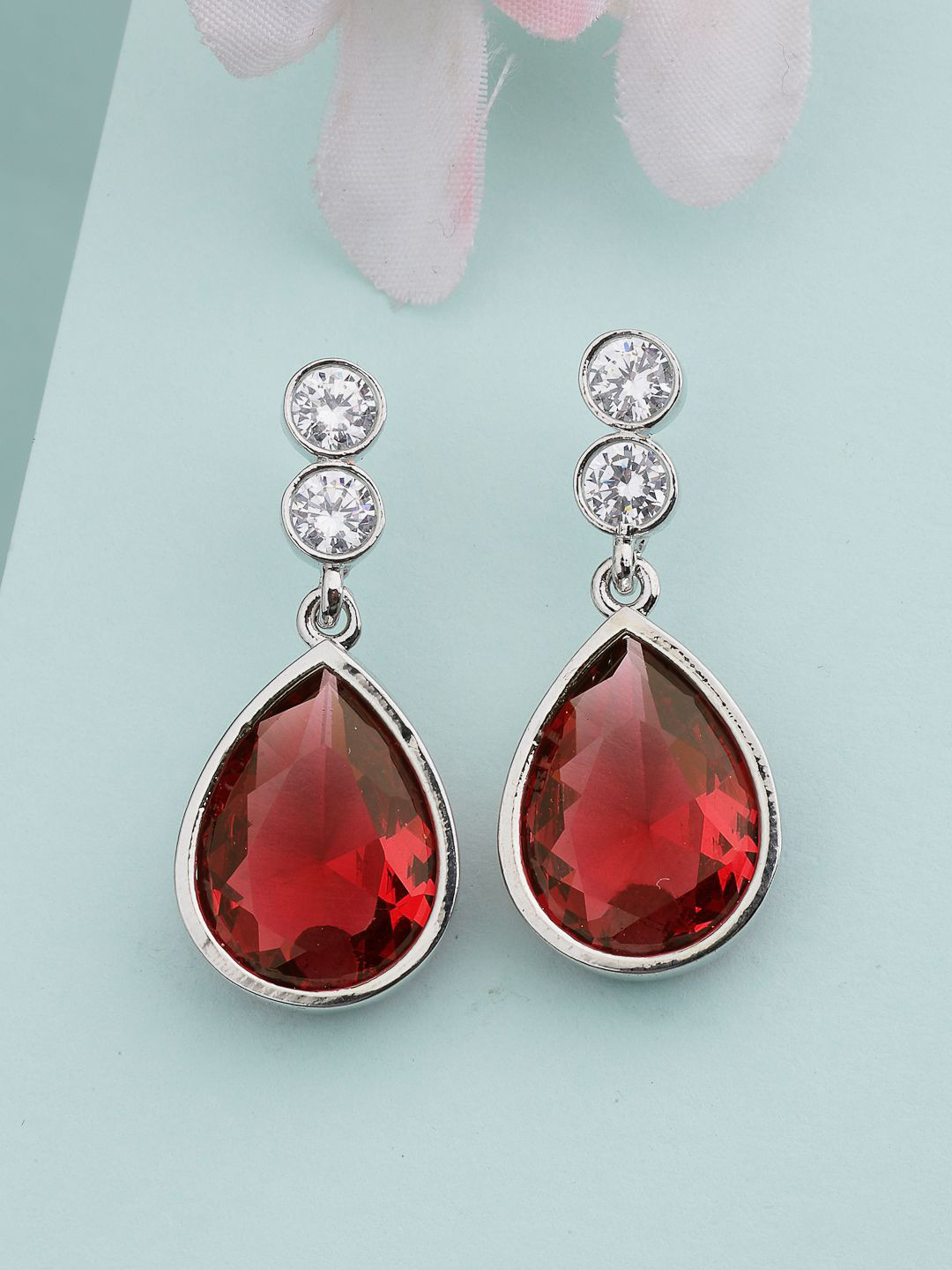 ZENEME Rhodium-Plated American Diamond Red Crystal Studded Drop Earring