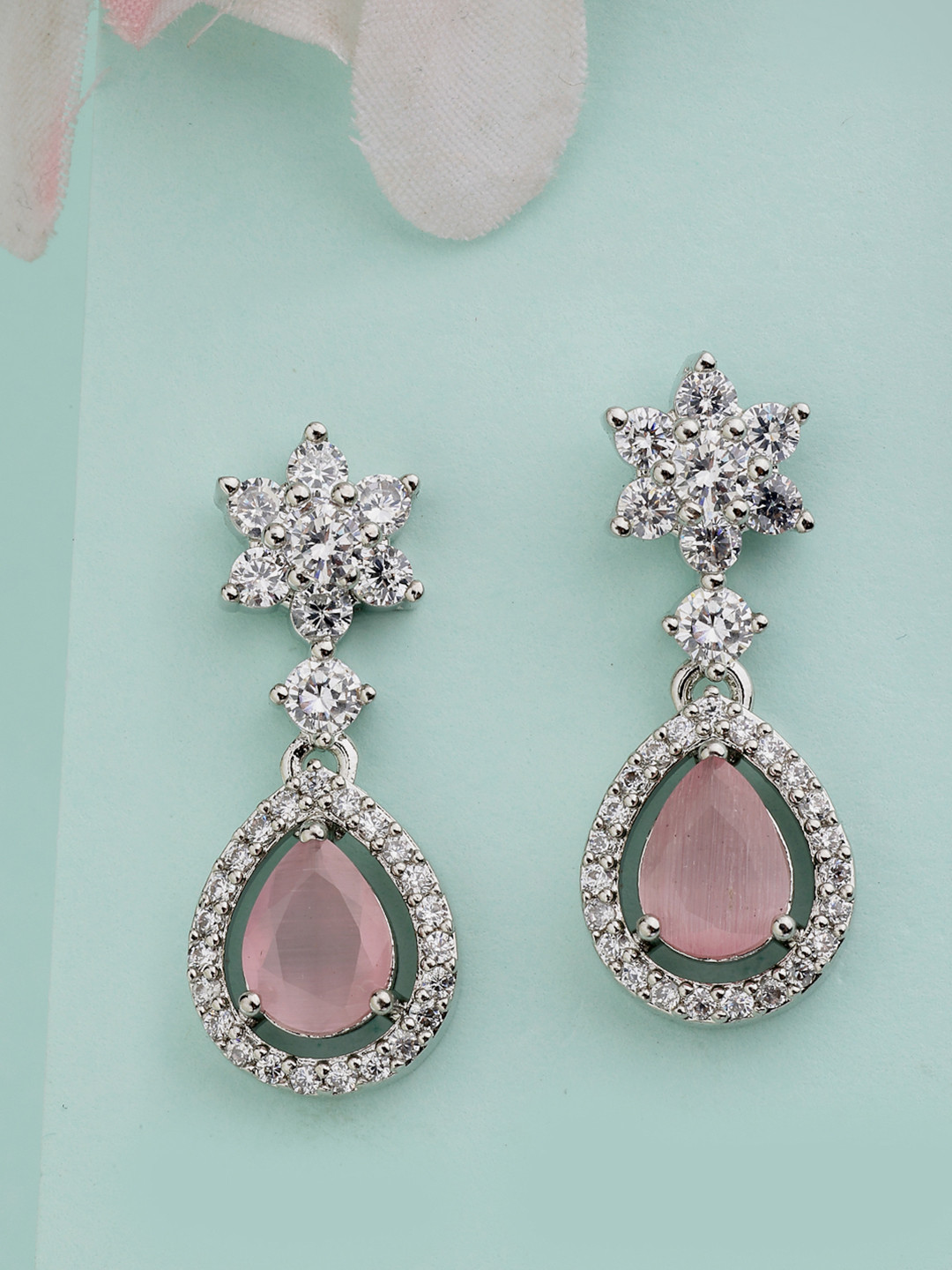ZENEME Rhodium-Plated American Diamond Studded Royal Pink Drop Earring