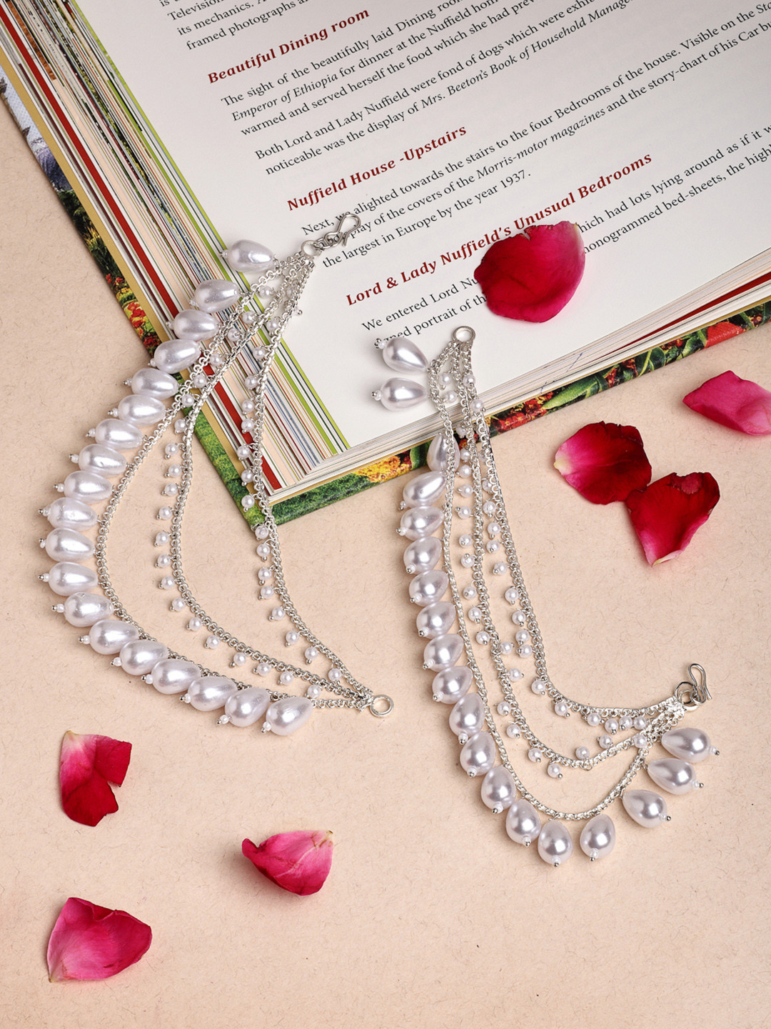 ZENEME Oxidized Plated Classic Layered Pearl Ear Chain Earrings