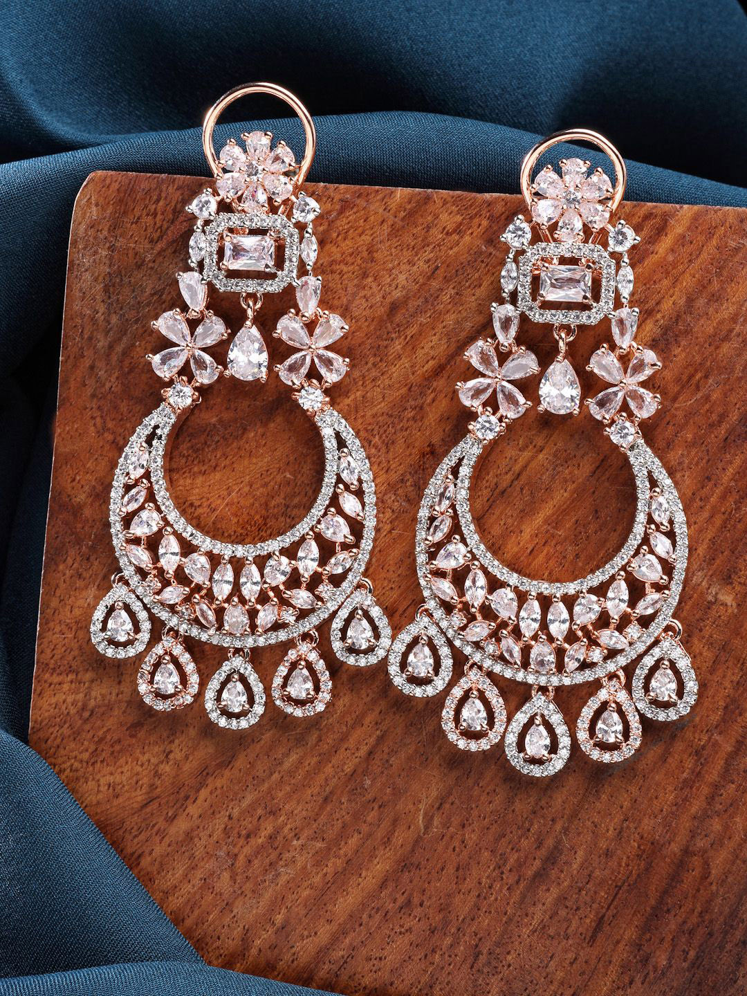 ZENEME Rose Gold-Plated Foral American Diamond Studded Luxury Earring