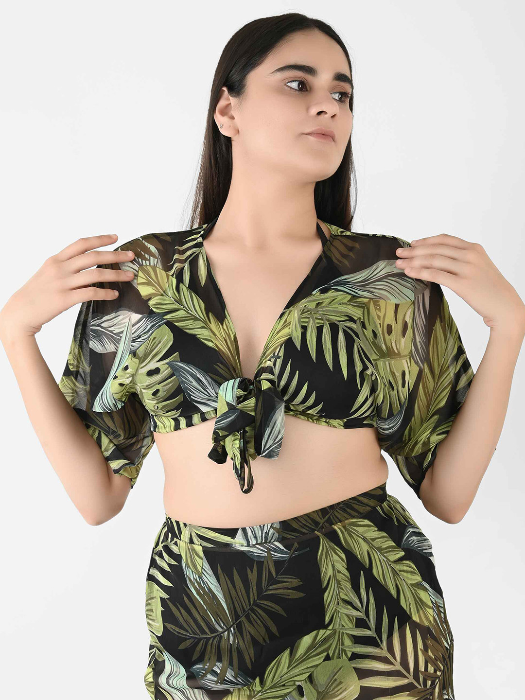 Blissence Women Tropical Printed Overlapping Cover Up Top