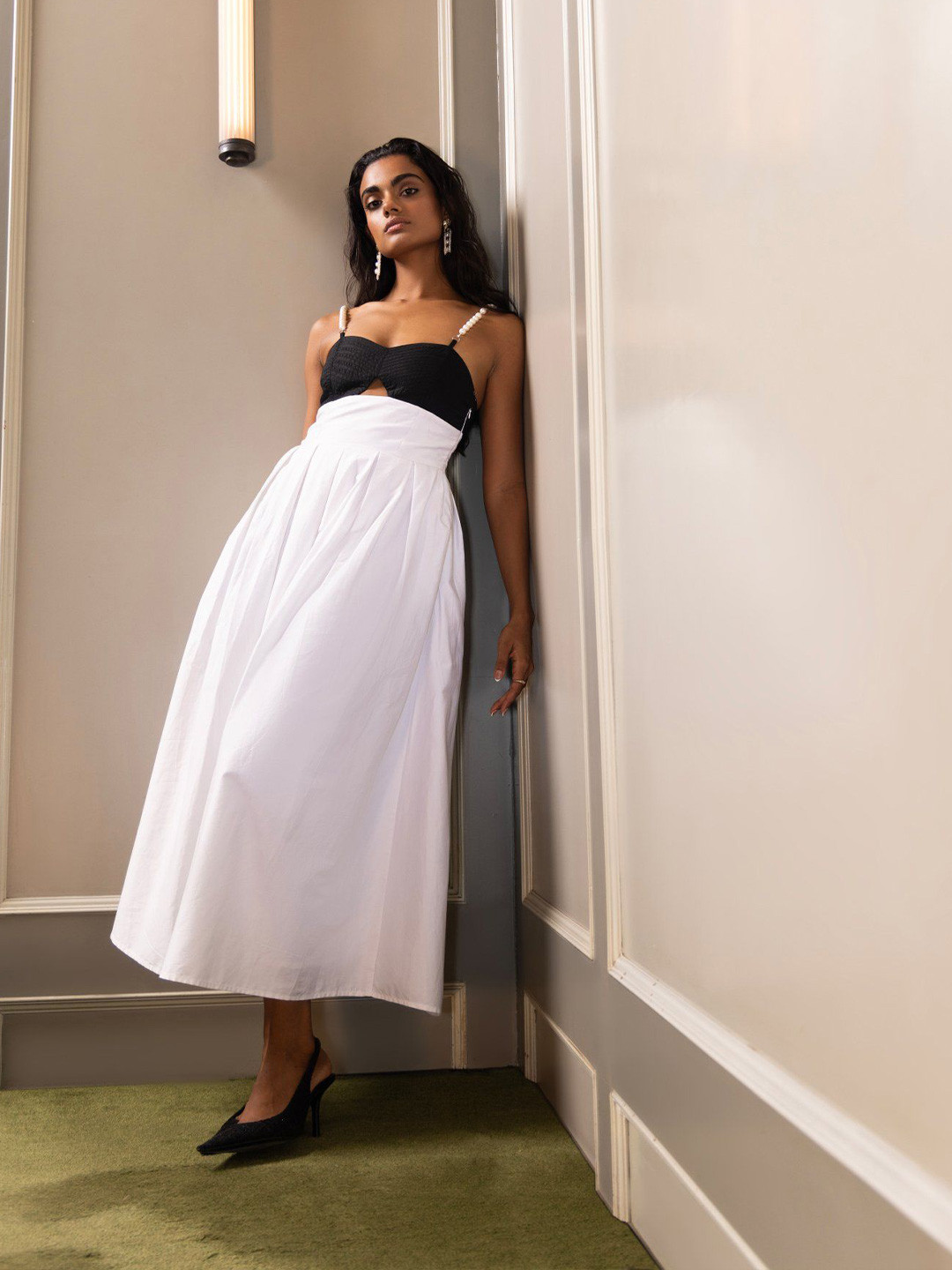 Sage by Mala Shoulder Straps Satin Fit and Flare Midi Dress