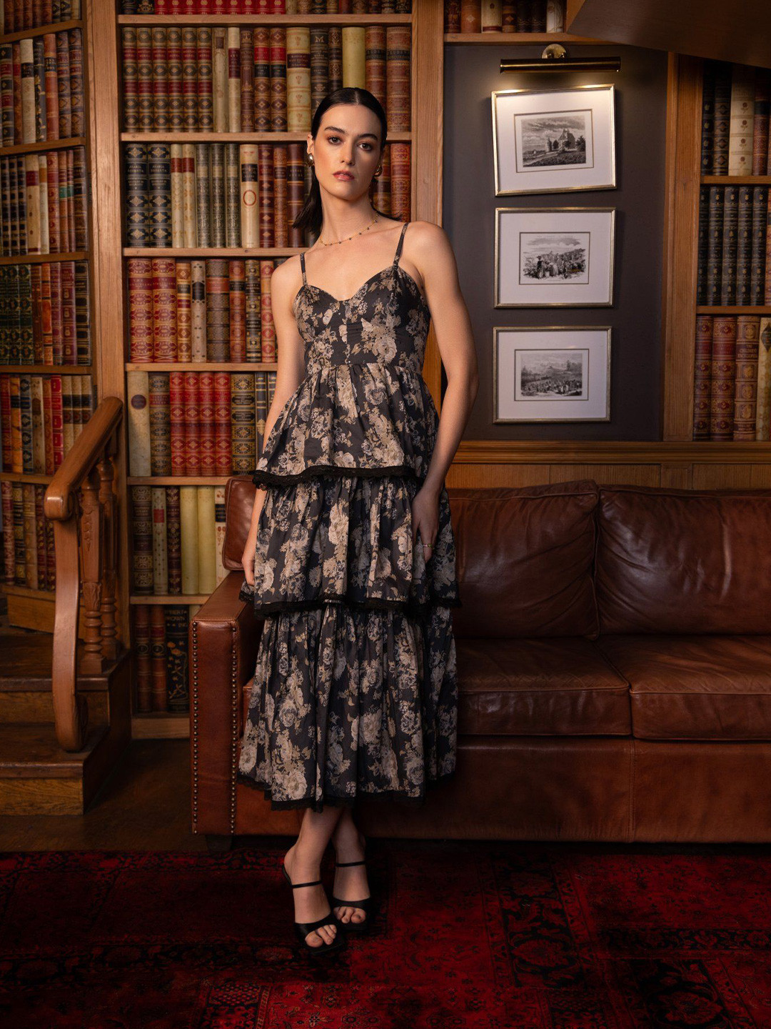 Sage by Mala Shoulder Straps Dusky Floral Printed Fit and Flare Midi Dress