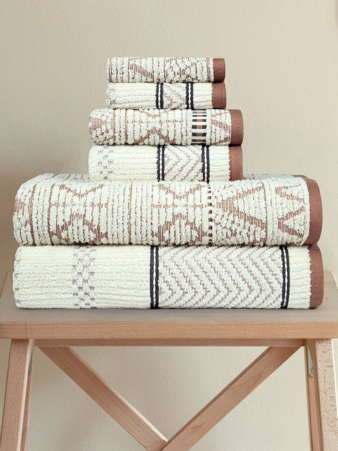 MYTRIDENT PEB-ZEN White & Black 6 Pieces Printed Pure Cotton 600 GSM Towel Set