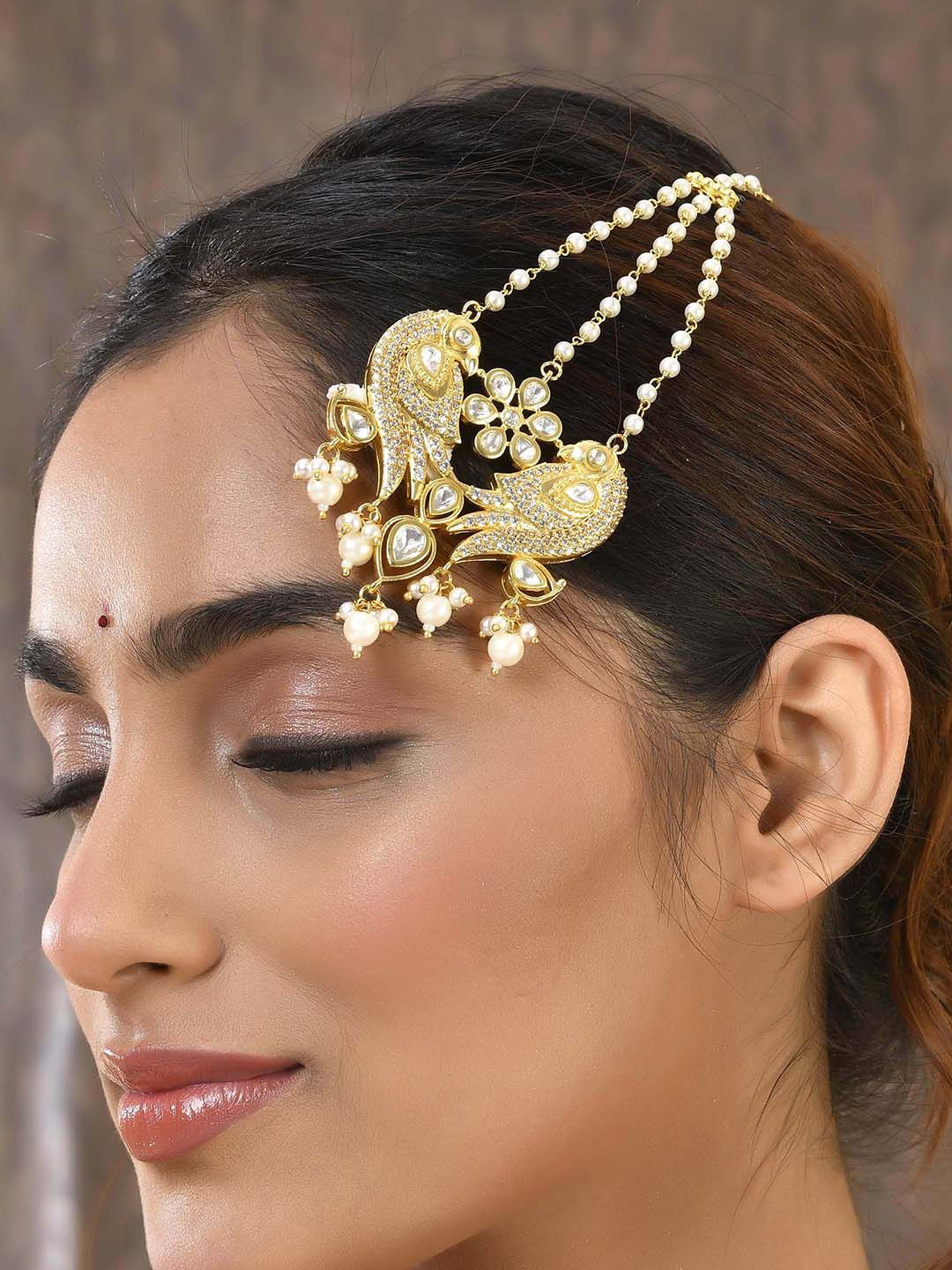Voylla Gold Plated Kundan Studded Jhumar Passa Head Jewellery
