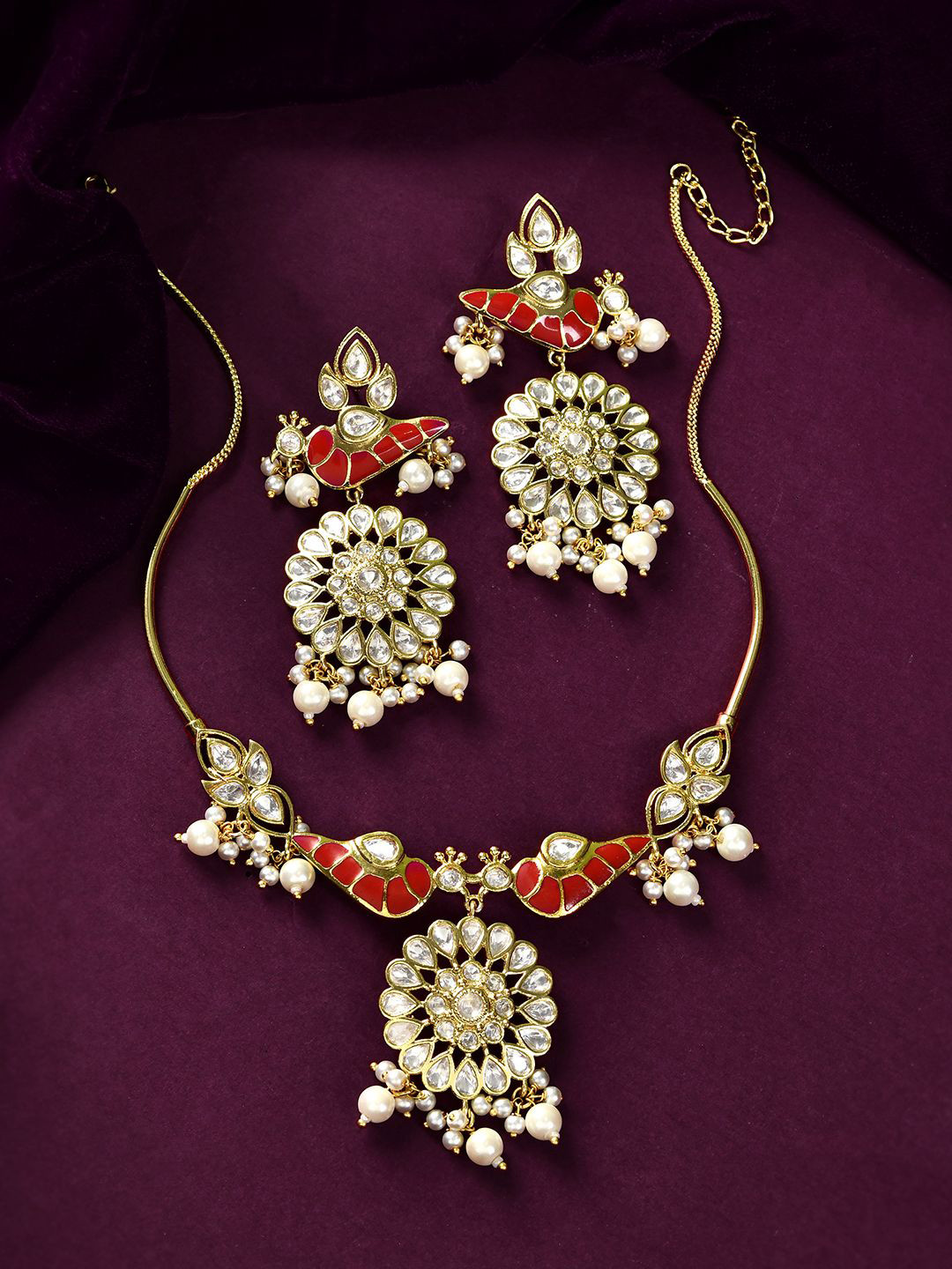Voylla Gold Plated Kundan Studded Enamelled Panchhi Pariniti Hasli Jewellery Set
