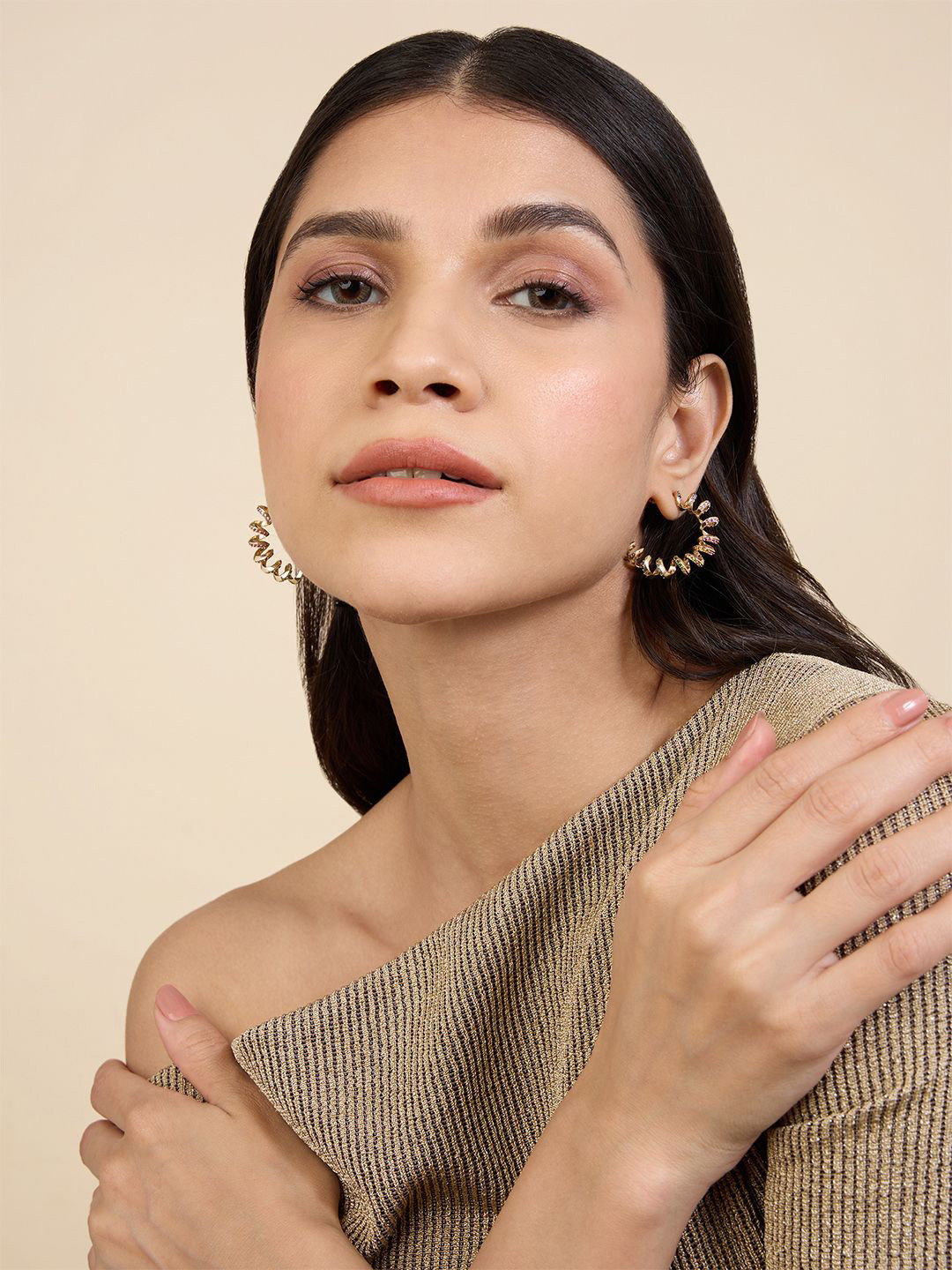 Isharya 18Kt Gold Plated Cubic Zirconia Stone Studded Rainbow Spiral Half Hoop Earrings