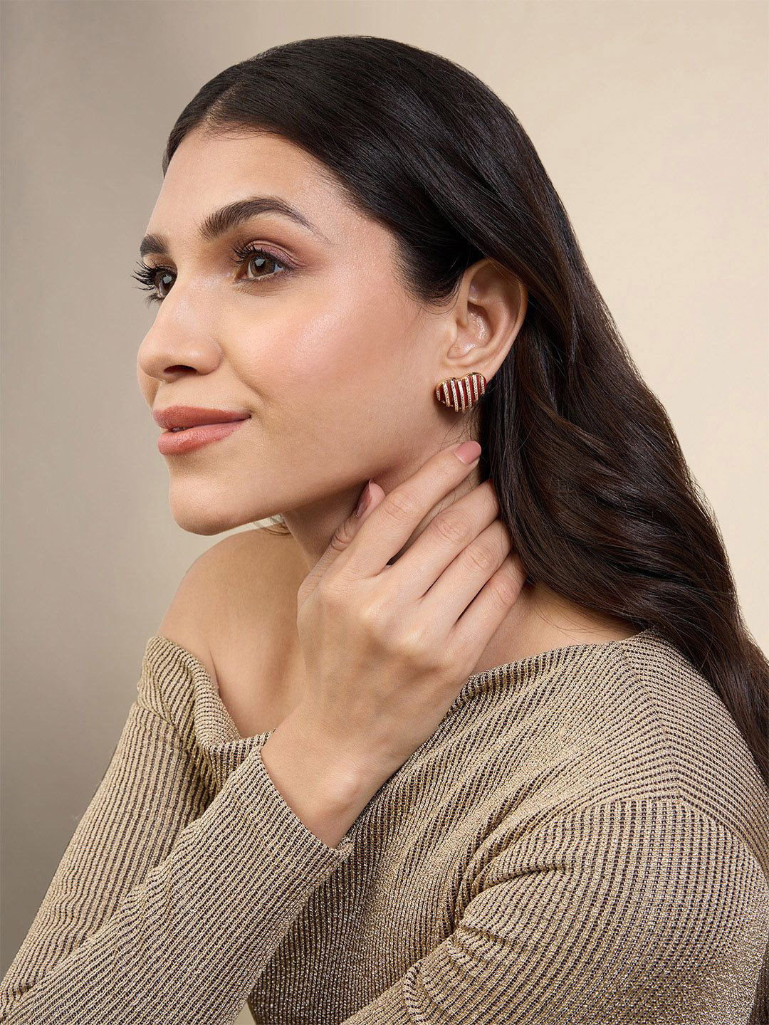 Isharya 18Kt Gold Plated Artificial Stones and Beads Heartbeat Contemporary Earrings