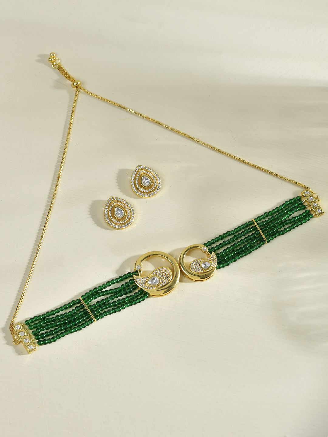 Voylla Gold Plated Kundan Studded Panchhi Kruttika Choker Green Jewellery Set