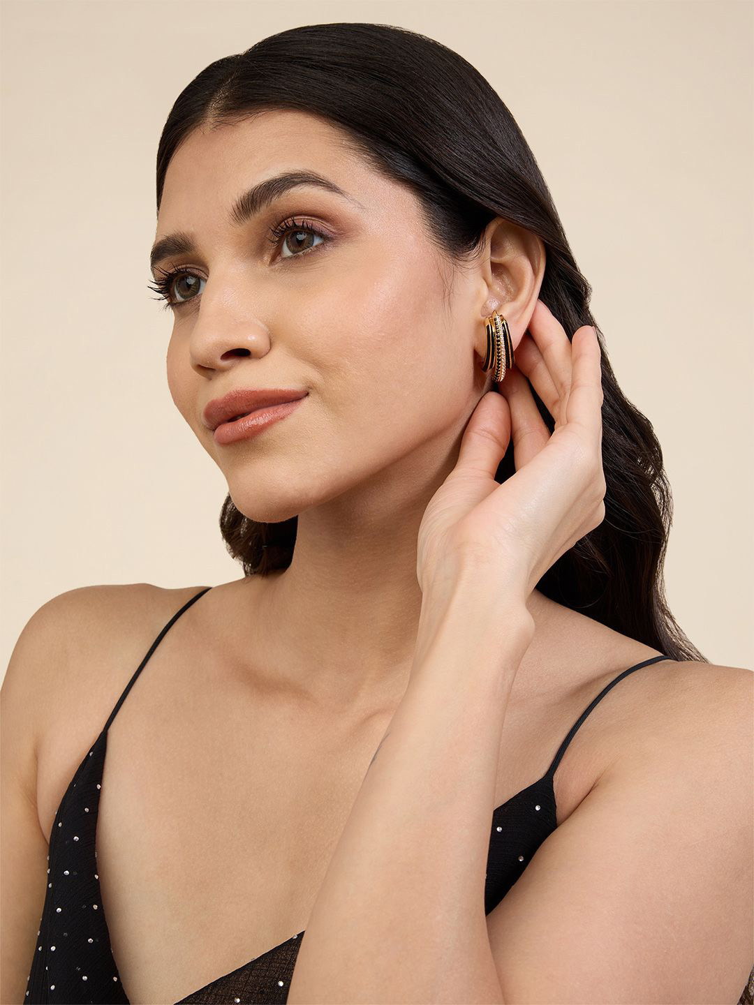 Isharya 18Kt Gold Plated Artificial Stones and Beads Triple Shine Contemporary Earrings