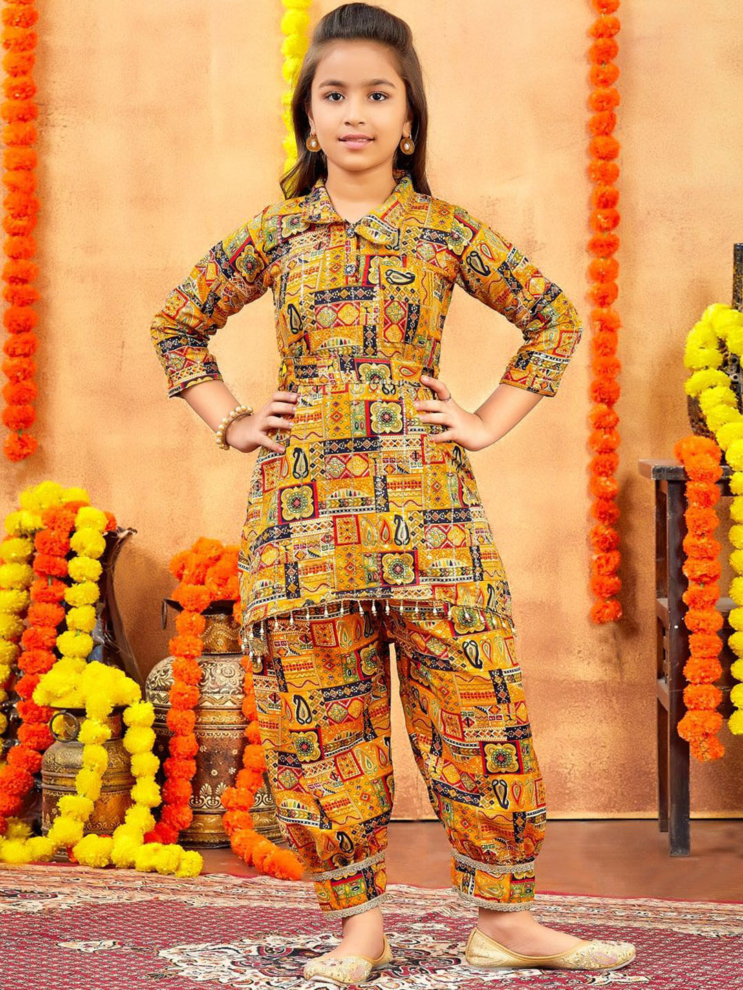 BAESD Girls Ethnic Motifs Printed Sequnnied Shirt Collar Pure Cotton Kurti with Patiala