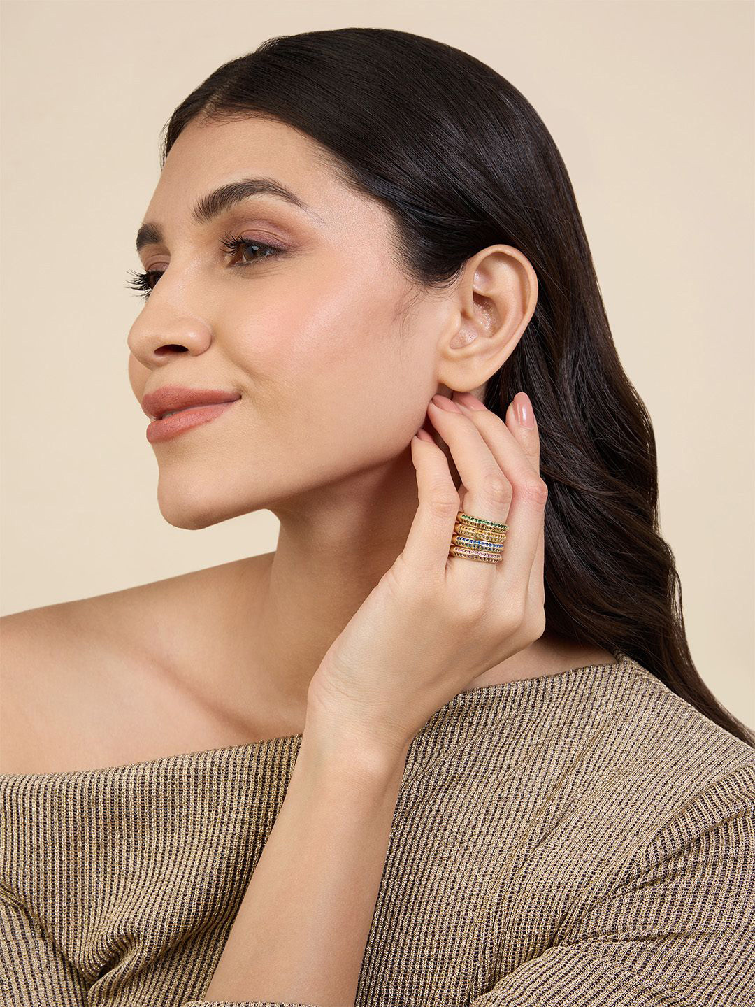 Isharya 18KT Gold-Plated Stone Studded Rainbow Spiral Finger Ring