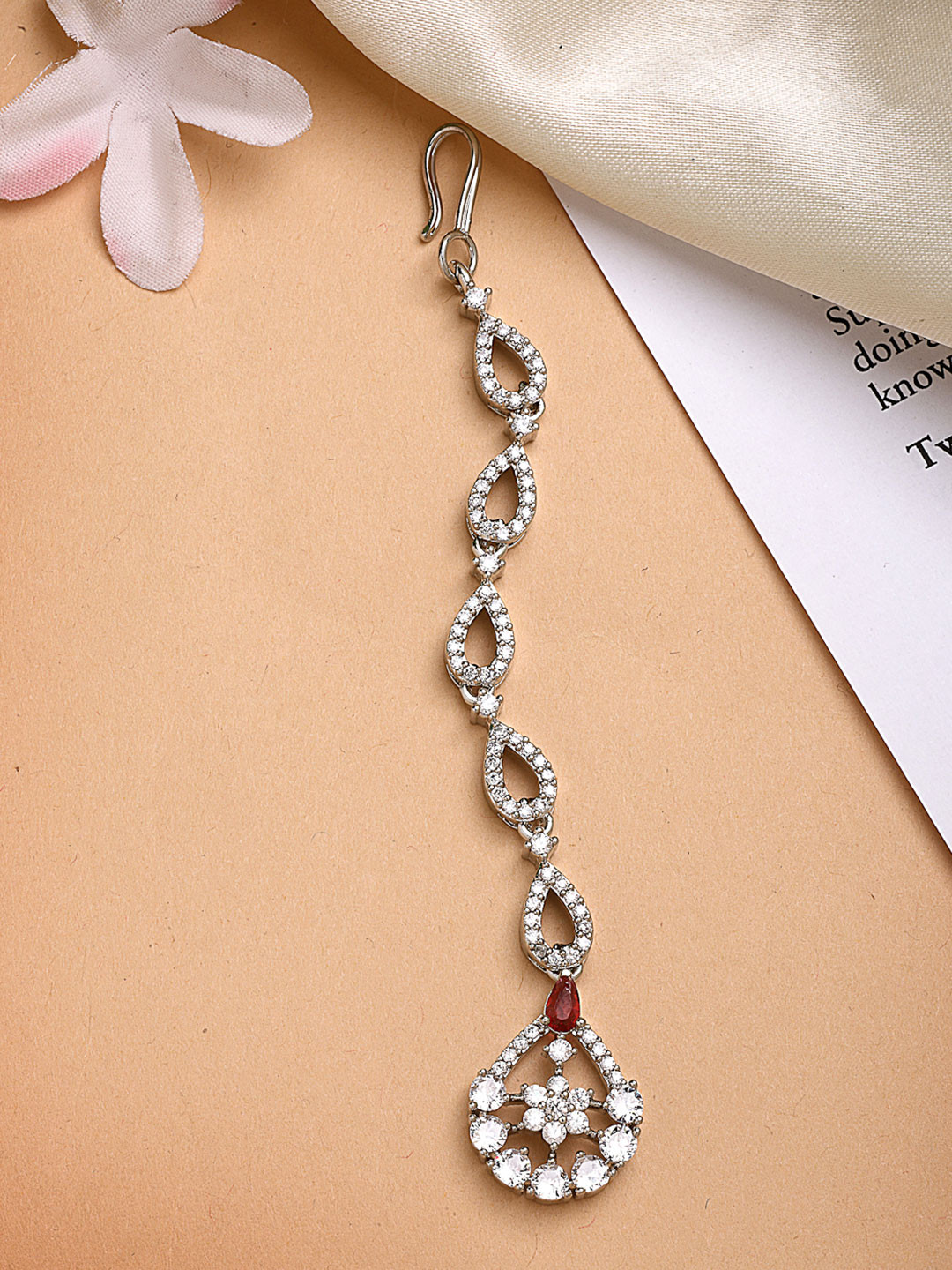 ZENEME Rhodium Plated Cascade American Diamond Crystal Mangtikka