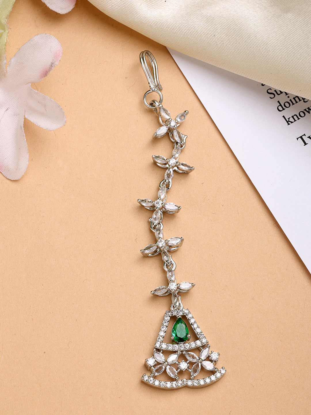 ZENEME Rhodium Plated Gleam American Diamond Crystal Mangtikka